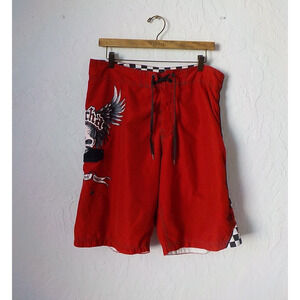 Vintage Gotcha Red Surf Swim Board Shorts Men Size 36 Skull Angel Print